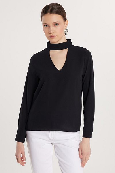 Tudors Women's Standard Fit Choker Collar Black Blouse