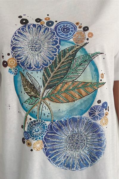 FEMELLE Women's White V-Neck Plus Size Leaf Pattern Sequin Sequin Embroidered 100% Cotton Plus Size T-Shirt