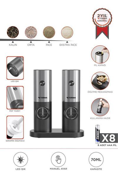 Torima Kymq-16-Bs Black Battery Powered Automatic New Generation Salt Pepper Mill Spice Grinder with Lights