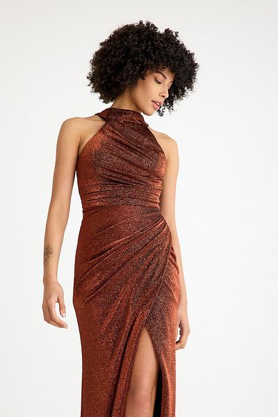 SpringStore Cinnamon Halter Neck Glitter Evening Dress