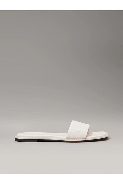 Calvin Klein Women's Flat Sole Logo Printed Comfortable Sport Style Ecru Slippers Hw0Hw02378-Vbr