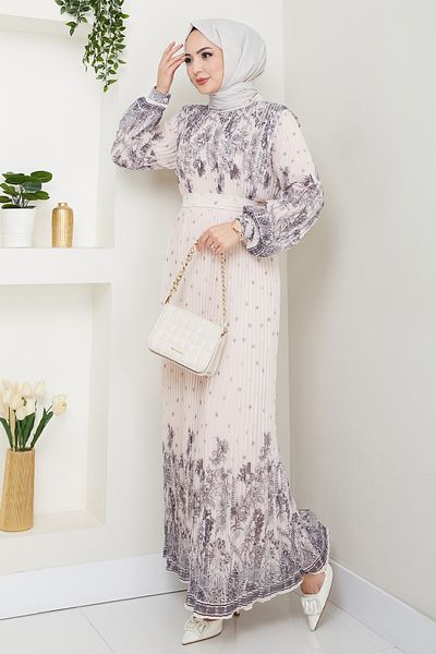 InStyle Black Chiffon Dress with Patterned Sleeves and Pleated Body