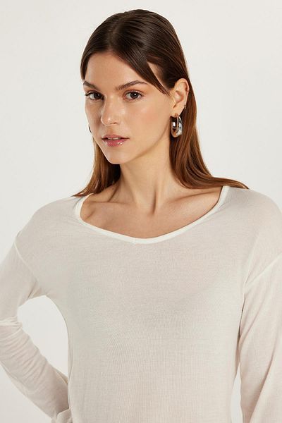 Tudors Women's Standard Fit Elastic Sleeve Wide Collar Ecru Blouse