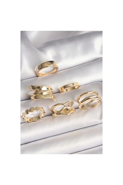 Marsilyan Brass Gold Color Embroidered Plate Model Set of 6 Women's Rings - Tj-Byk3620