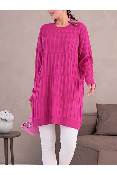Modamorfo Gât rotund, gros, cu dungi, tricotaje largi Tunica - fucsia