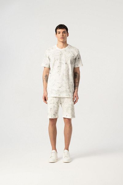 MFY Fashion Crew Neck Brush Patterned Tshirt and Shorts Set Ecru