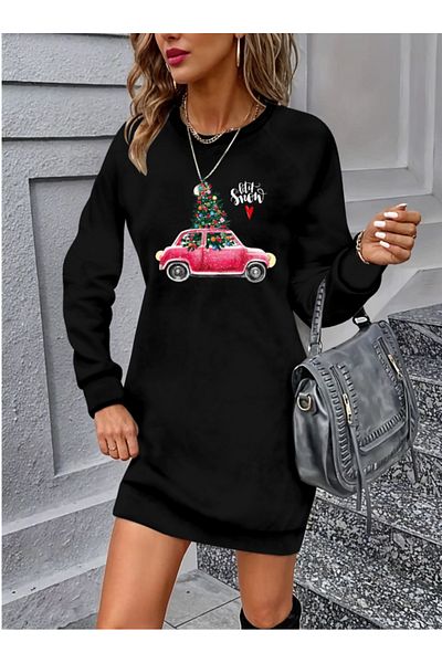 İpeksi Silky Women's Long Sleeve Crew Neck Patterned Viscose Two Thread Dress