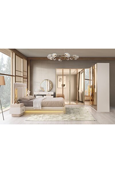 AYDINEV PLATİN KÖŞE MDF BAZALI LEDLİ YATAK ODASI TAKIMI