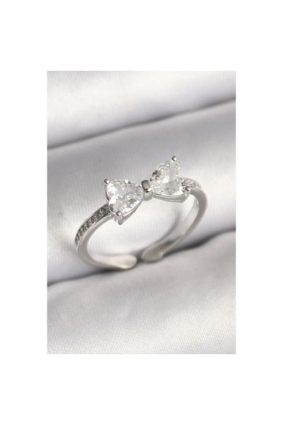 Marsilyan Brass Silver Color Zircon Stone Heart Bow Model Women's Ring - Tj-Byk3642