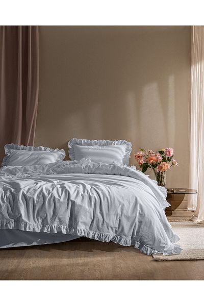 Madame Coco Obernai Single 100% Cotton Frilly Plain Washed Duvet Cover Set - Blue