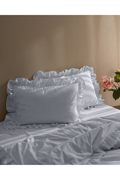 Madame Coco Obernai Tek Kişilik %100 Pamuk Fırfırlı Düz Yıkamalı Nevresim Takımı - Mavi