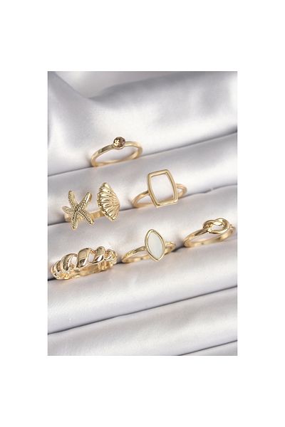 Marsilyan Brass Gold Color Sea Shell Figure Spiral Model White Enamel Detail Set of 6 Women's Rings - Tj-Byk3609