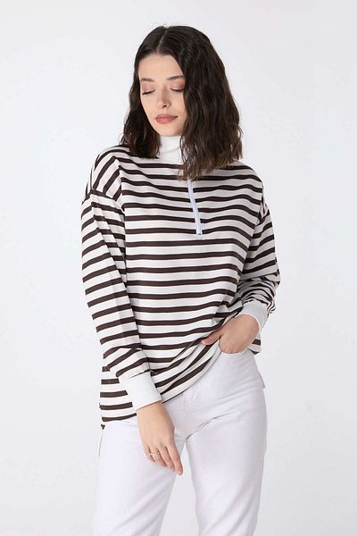 TOFİSA Women's Brown Striped Straight Half Turtleneck Sweat - 23892