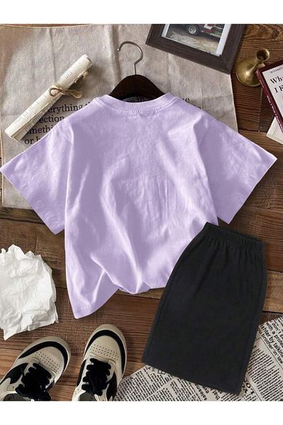 vinraus Girl\Boy Lilac-Black Leopard Ribbon Printed Combed Cotton Shorts-Tshirt Set