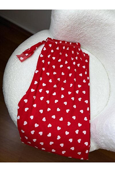 Bahar Altundemir Kırmızı Kalpli Süet Premium Kalite Kırmızı Pijama Altı Kadın Pijama Uzun