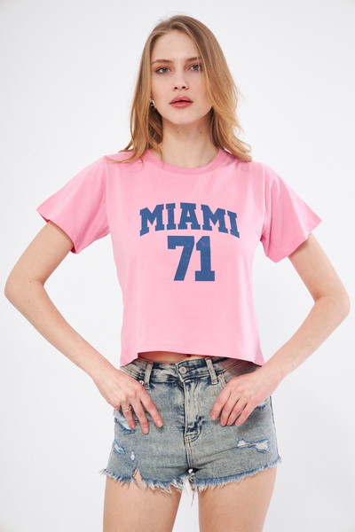 Miamı Süprem Crop T-shirt -baskılı Bisiklet Yaka Tişört