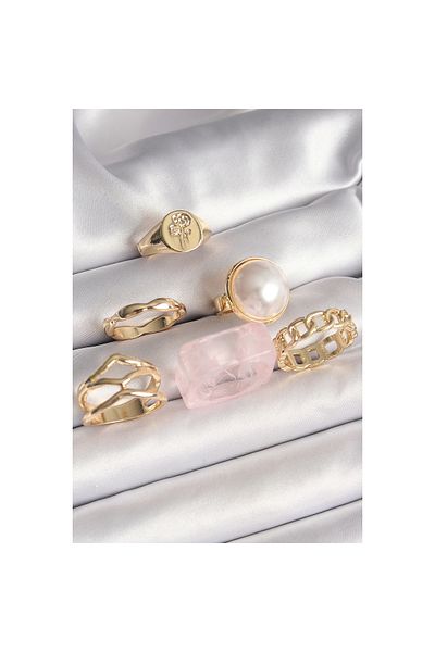 Marsilyan Brass Gold Color Circle 3D Pearled Figure Chain Model Rose Processing Detailed 6-Piece Women's Ring Set - Tj-By