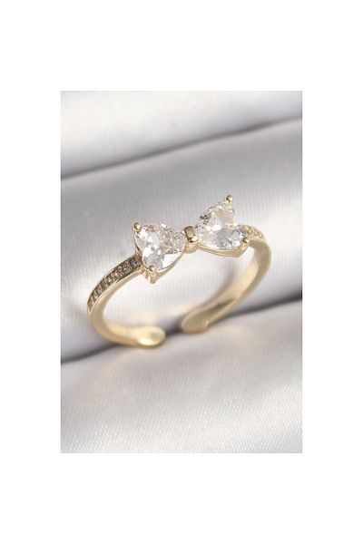 Marsilyan Brass Gold Color Zircon Stone Heart Bow Model Women's Ring - Tj-Byk3640