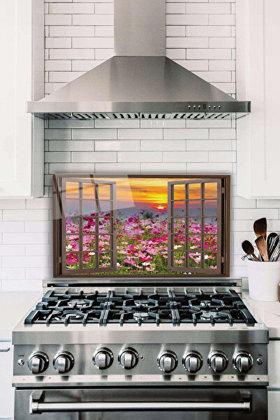 Window to Pink Flowers Glass Stove Back Protector, Heat Resistant, Countertop Kitchen Protection