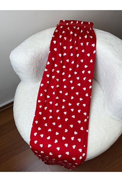 Bahar Altundemir Kırmızı Kalpli Süet Premium Kalite Kırmızı Pijama Altı Kadın Pijama Uzun