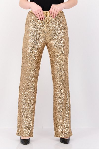 Esprit Women Regular Fit Sequenced Wide Leg Pant, Gold