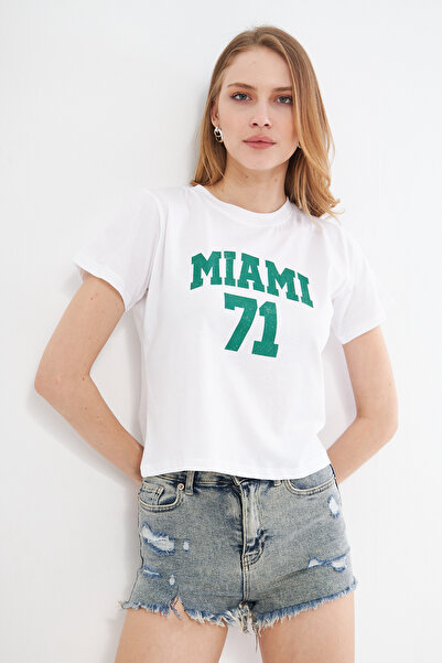Miamı Süprem Crop T-shirt - Baskılı Bisiklet Yaka Tişört