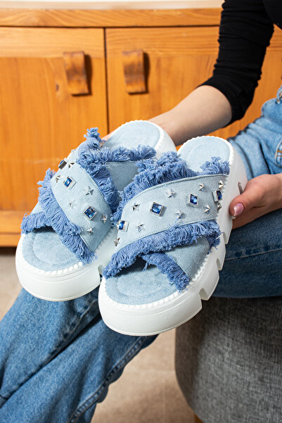 DABAB AYAKKABI Women's Denim Suede Stone Detailed Thick Comfortable Sole Slippers