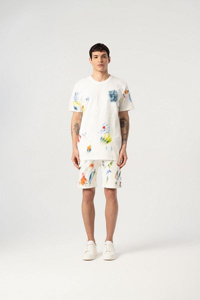MFY Fashion Crew Neck Colorful Brush Patterned Tshirt and Shorts Set Ecru