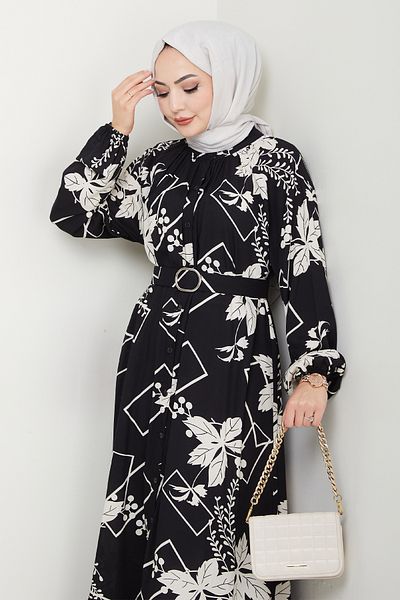 InStyle Flower and Figure Pattern Black Viscose Dress