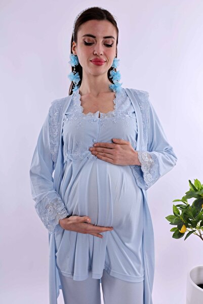 ByLohusa Effortt Mavi Sabahlıklı Hamile Lohusa Pijama Takımı Byl224012