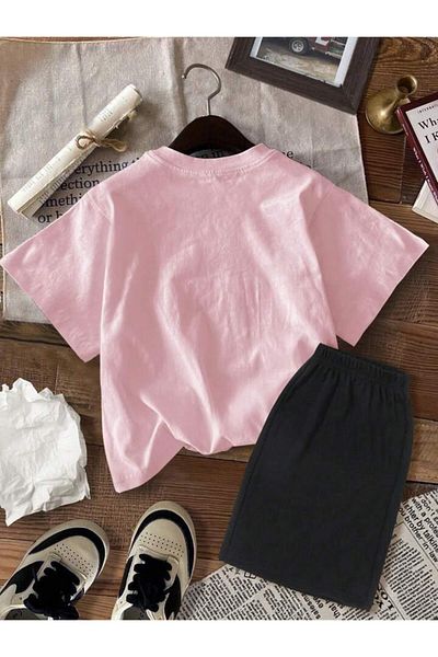 vinraus Girl\Boy Pink-Black Leopard Ribbon Printed Combed Cotton Shorts-Tshirt Set