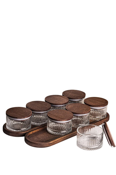 Veliday Sahra Kare 10 Parça Tepsili Ahşap Vakumlu Kapaklı Cam Kahvaltılık Çok...