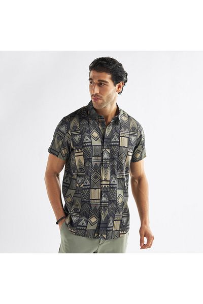 FAV Regular Fit All-Over Print Shirt with Collar and Short Sleeves