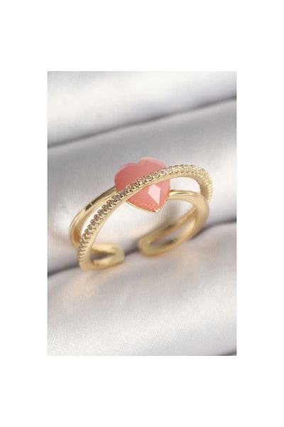 Marsilyan Brass Gold Color Pink Crystal Heart Model Zircon Stone Detailed Women's Ring - Tj-Byk3645