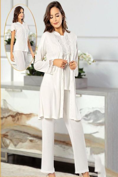 Pelin Women's Ecru Lace Detailed Maternity 3-Piece Pajama Set