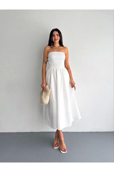leyla sanat sanata yeni bir bakış açısı Leyla Art a New Perspective on Art Strapless Pleated Dress - White