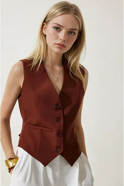 hazelin Дамски кафяв елек с копчета и подплата HZL25S-BD167961