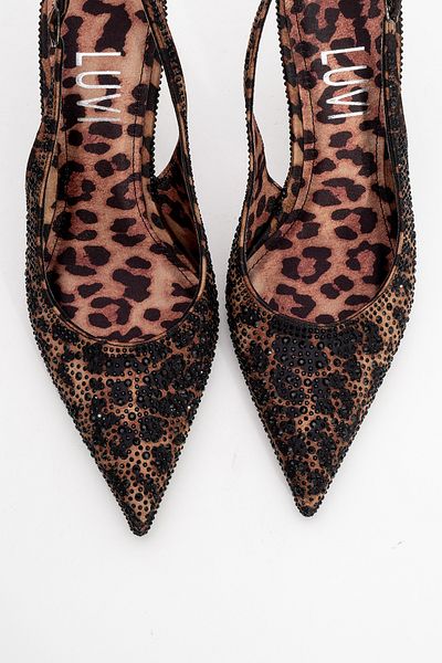 LuviShoes Roya Black Yellow Patterned Satin Stone Pointed Toe Women's Heeled Shoes