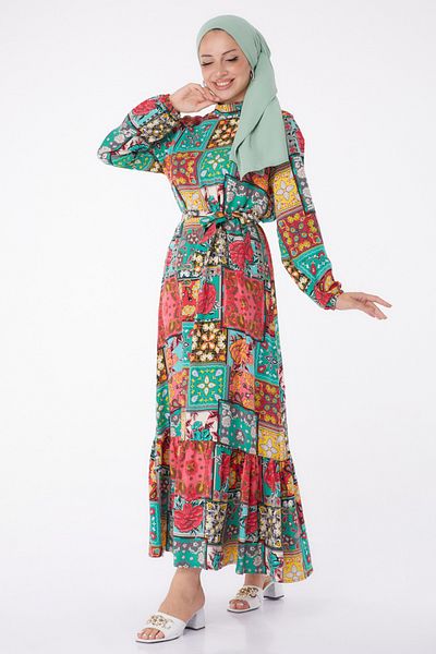 TOFİSA Patterned Belted Dress Mint - 26022