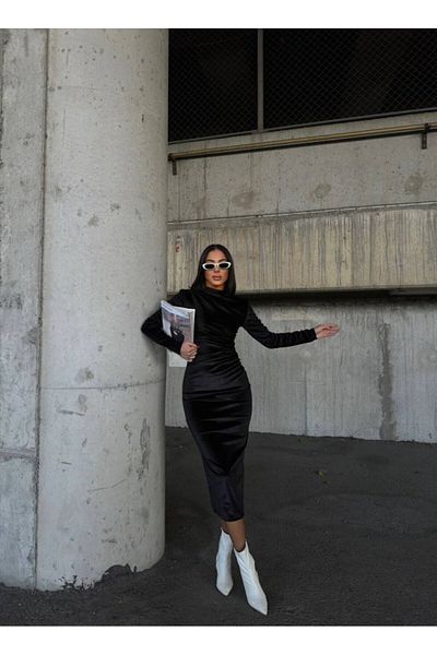 İpeksi Silky Women's Long Sleeve Half Turtleneck Gather Detail Velvet Fabric Dress