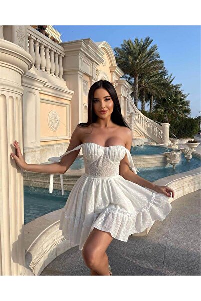 MDZ COLLECTION Kadın Beyaz Brode Kumaş Mini Elbise