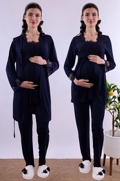 ByLohusa Effortt Navy Blue Dressing Gown Maternity Maternity Pajama Set Byl 224012