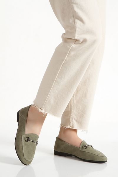 ÜNAL ÖZER Women's Green Suede Genuine Leather Round Toe Buckle Daily Ballerinas Un001-043