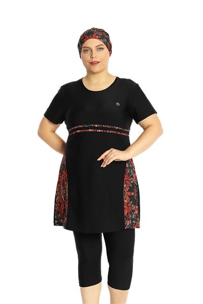 İYİBU Allsea Plus Size Semi-Closed Hijab Swimsuit Short Sleeve Patterned 4-Piece Suit