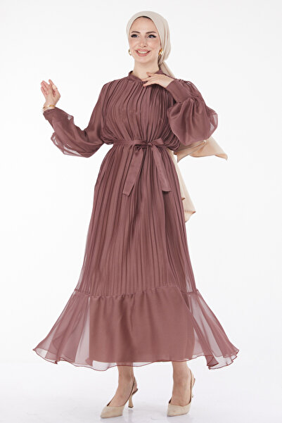 TOFİSA Brązowa sukienka damska - prosty okrągły dekolt - 21980