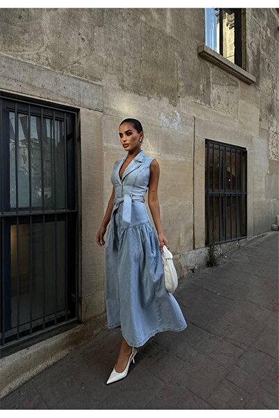 MDZ COLLECTION Kadın Mavi Denim Elbise Bel Kuşaklı