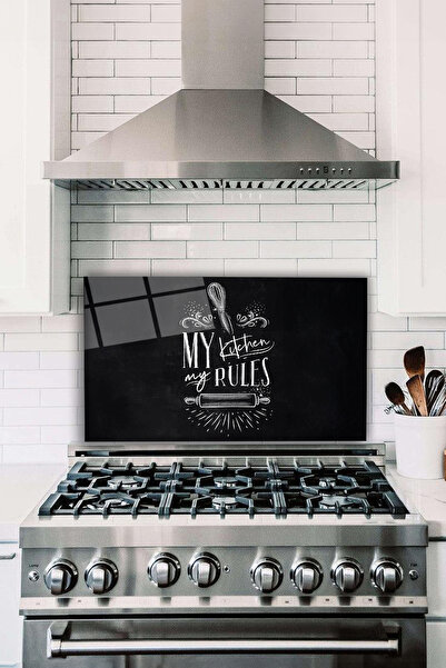 Vosevu Kara Tahta My Kitchen My Rules Cam Ocak Arkası Koruyucu, Isıya Dayanıklı, Tezgah Ve Mutfak Koruması