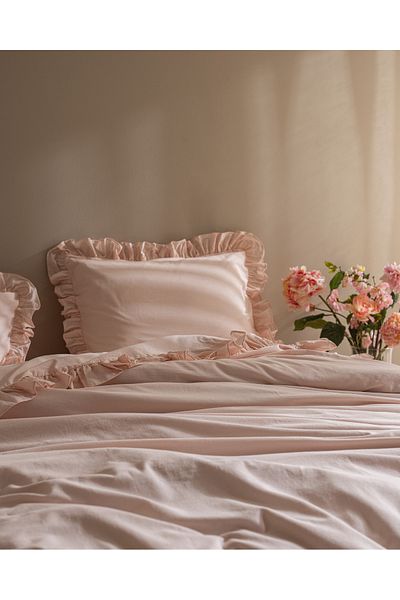 Madame Coco Obernai Double 100% Cotton Frilly Plain Washed Duvet Cover Set - Powder
