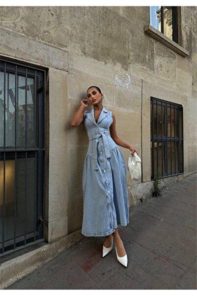 MDZ COLLECTION Kadın Mavi Denim Elbise Bel Kuşaklı