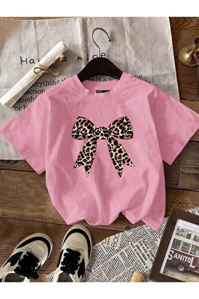 vinraus Μπλουζάκι με στάμπα με ροζ λεοπάρ κορδέλα για κορίτσια/αγόρια